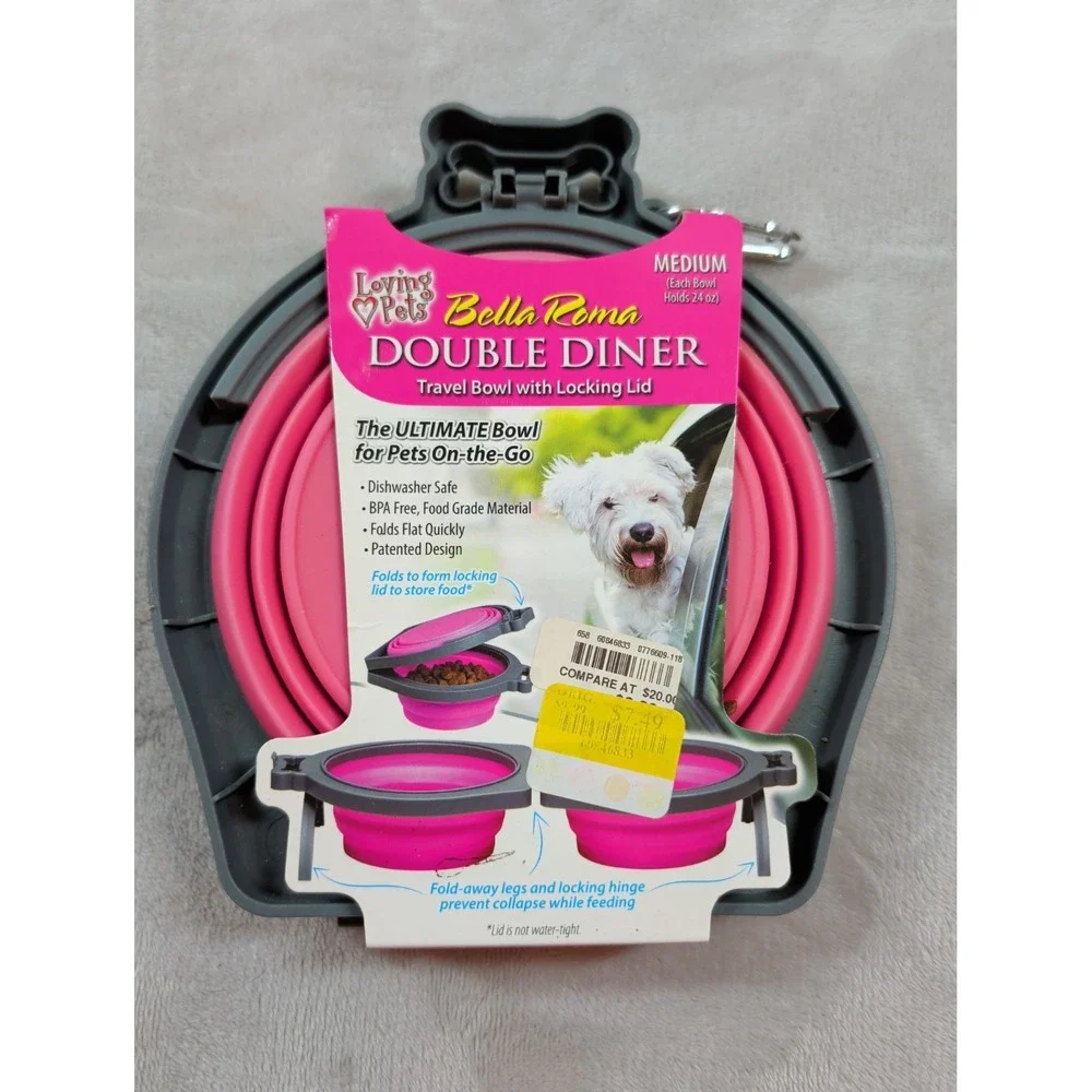 Loving Pets Bella Roma Double Diner Collapsible Pet Travel Bowl Pink Medium 24oz